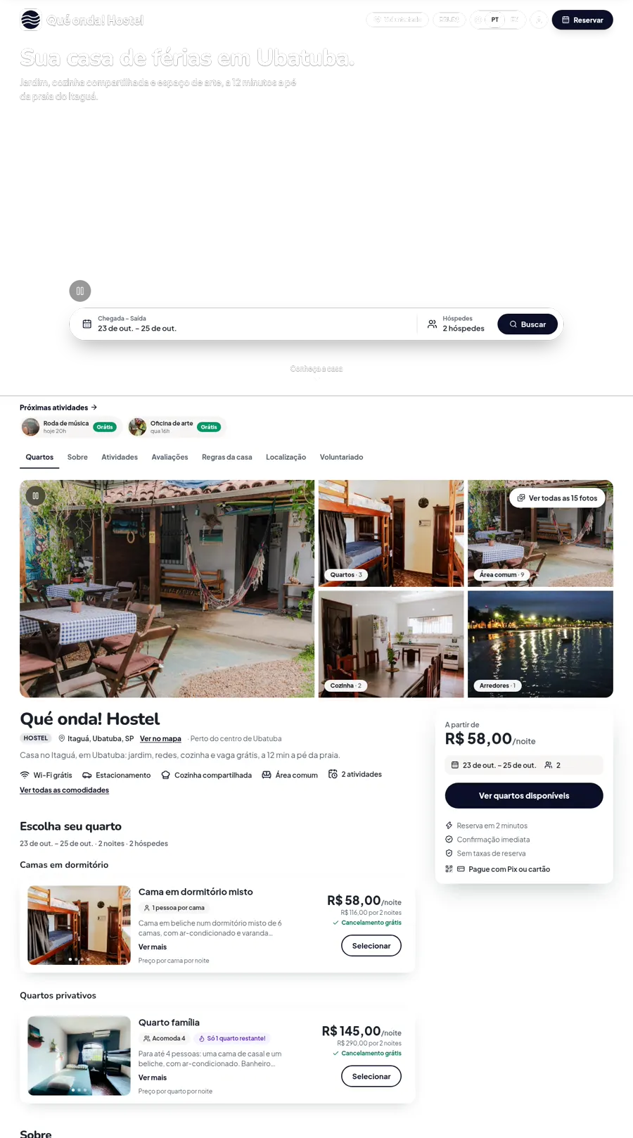 Site de uma hostel feito no Dormis, com busca de datas, fotos e quartos